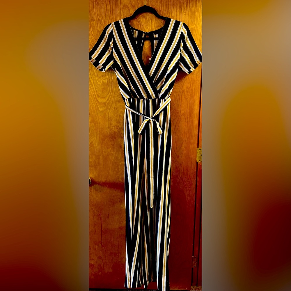 Shop 17 Boutique Jumpsuit, Navy/Yellow/White Pinstripe, NWT